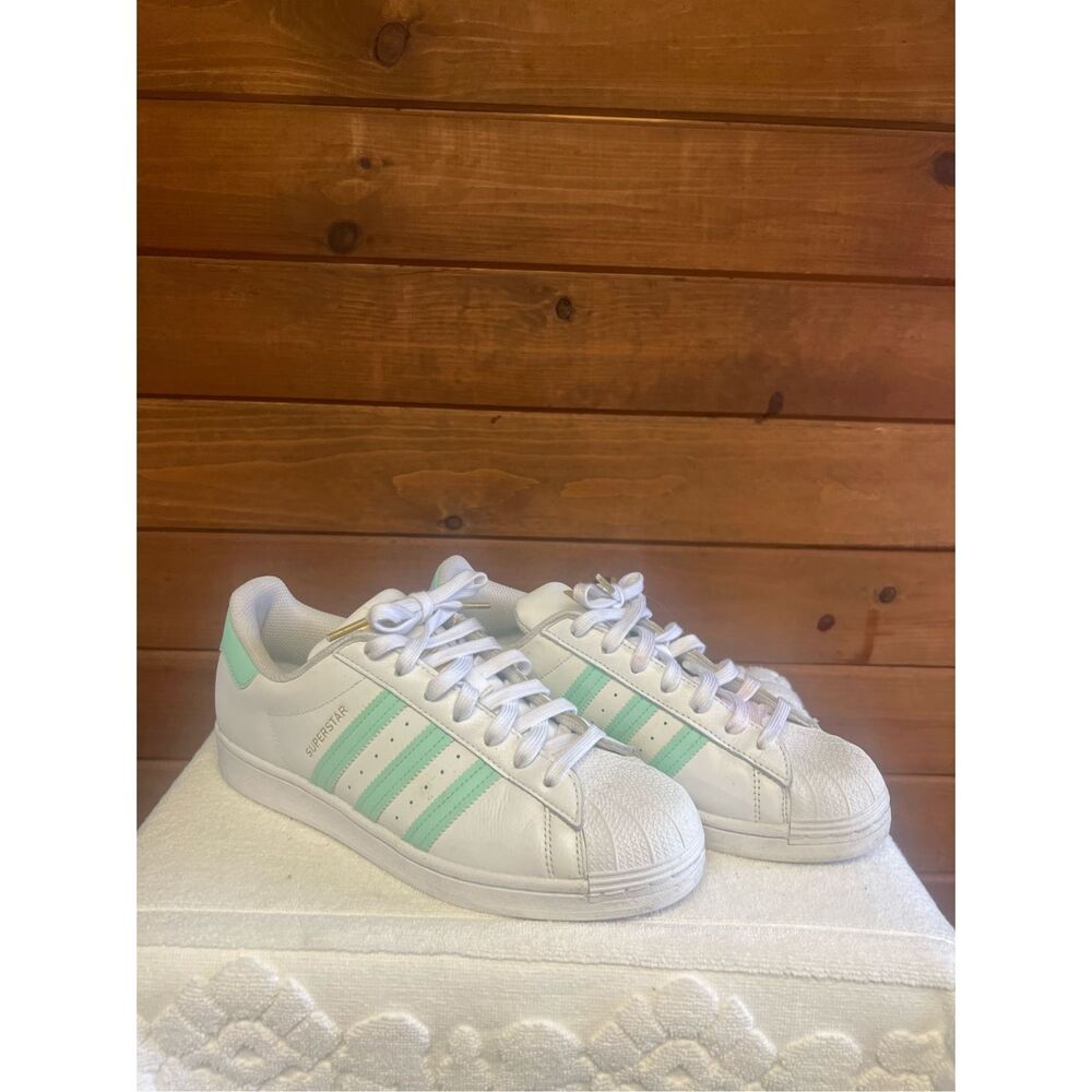 adidas Superstar Athletic Shoes White with Mint Green Stripes